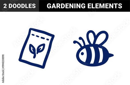 Hand-drawn bumblebee and organic seed packet illustrations with rustic charm. Naive marker sketch style for sustainable gardening and nature branding.