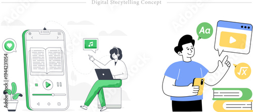 Digital Storytelling Concept Line Art E learning EdTech Multimedia Illustration