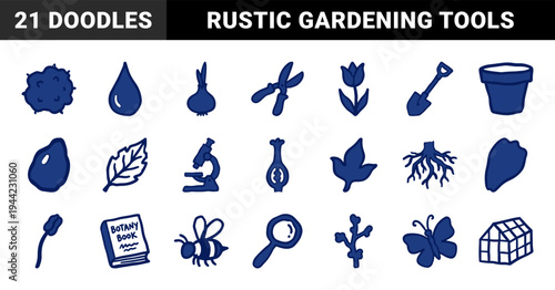Hand-drawn botany and gardening elements for organic brand identity. Rustic, naive marker sketch illustrations featuring plant science and horticulture concepts.