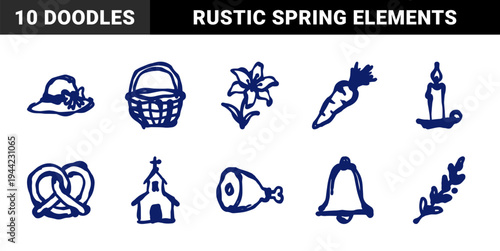 Easter and Spring tradition elements in a rustic hand-drawn navy blue marker sketch style. Naive doodle illustrations for seasonal branding and holiday decor.