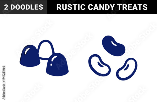 Hand-drawn jelly bean and gumdrop candy sweets for confectionery branding. Naive marker sketch illustrations featuring sugary snack treats.