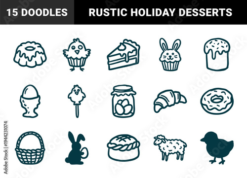 Easter holiday treats and spring symbols in a rustic hand-drawn doodle style. Naive marker sketch illustrations featuring seasonal desserts and festive elements.