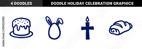 Hand-drawn Easter and religious celebration elements with rustic naive doodle aesthetic. Organic marker sketch featuring bunny egg, cake, bread, and cross.