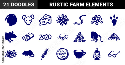 Hand-drawn rodent and pest control elements in naive marker sketch style. Rustic blue ink doodles featuring mouse, trap, cheese, and grains.