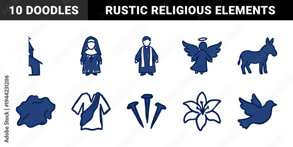Obraz premium Hand-drawn religious and spiritual symbols for church community branding. Rustic, naive marker sketch illustrations featuring Christian faith concepts.