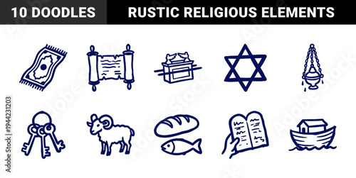 Hand-drawn biblical and religious symbols in a rustic marker sketch style featuring the ark of the covenant, torah scroll, and Noah's ark.