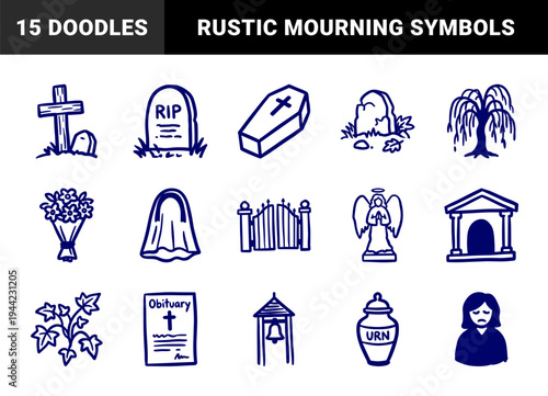 Hand-drawn funeral and mourning elements for memorial stationery. Rustic, naive marker sketch illustrations featuring cemetery and grief concepts.