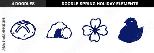 Hand-drawn Easter holiday symbols in a rustic blue ink doodle style. Naive marker sketch featuring hot cross bun, tomb, chick, and dogwood flower.