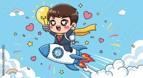 A cartoon boy in a business suit rides a rocket ship holding a lightbulb amidst colorful decorations and clouds in a bright blue sky.