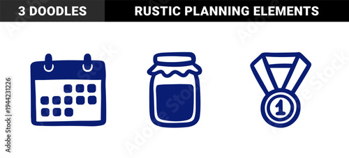 Hand-drawn productivity and achievement icons in a rustic navy blue marker doodle style. Naive sketch calendar, preserve jar, and first place medal.