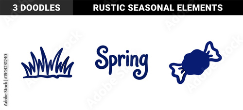 Hand-drawn spring season doodles featuring organic grass blades and sweet candy treat. Rustic blue ink sketch illustrations for seasonal branding and scrapbooking.