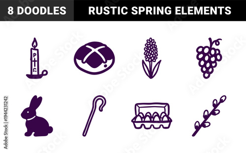 Easter and religious spring holiday doodles for rustic branding. Naive hand-drawn marker sketches of rabbit, candle, eggs, and floral motifs.