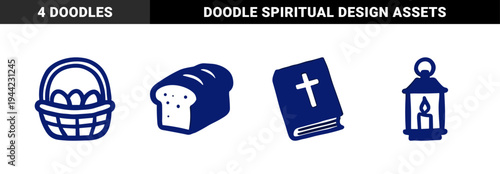 Hand-drawn Christian faith and religious elements for spiritual brand identity. Rustic, naive marker sketch illustrations of a bible, bread, lantern, and eggs.