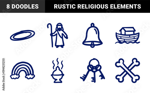 Hand-drawn biblical and religious symbols for spiritual storytelling. Rustic naive marker sketch illustrations featuring Noah's ark, shepherd, and halo.