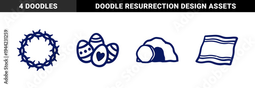 Hand-drawn Easter and Resurrection religious elements for church branding. Rustic, naive marker sketch illustrations featuring eggs, crown of thorns, and tomb.