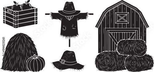 Farm and Harvest Illustration with Scarecrow and Barn Elements