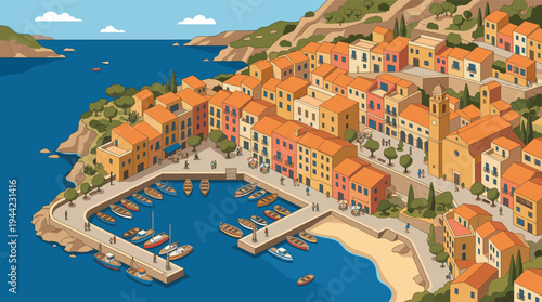 Detailed cartoon illustration of a coastal village nestled on a hillside, featuring colorful buildings, a bustling harbor filled with boats, and walking figures. Great for travel or summer themes.