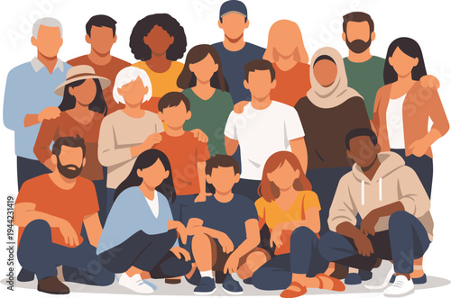 Diverse People Community Group Portrait Flat Vector Illustration.