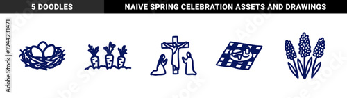 Easter and springtime naive marker sketches for organic brand identity. Rustic hand-drawn nest, carrots, flowers, and religious holiday concepts.