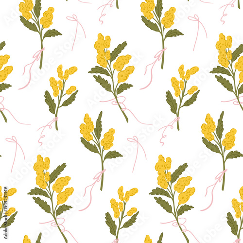 Spring Easter pattern with primroses, bouquets of yellow fragrant mimosa tied with pink ribbons