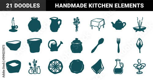Hand-drawn rustic kitchenware and home decor elements for organic lifestyle branding. Naive marker sketch illustrations of pottery, dining, and botanical accents.