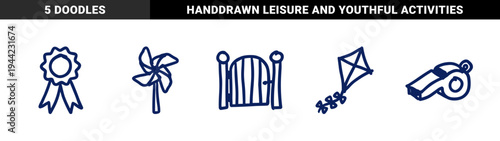 Hand-drawn nostalgic childhood play and outdoor activity elements. Rustic, naive marker sketch illustrations featuring kite, whistle, and garden fence concepts.