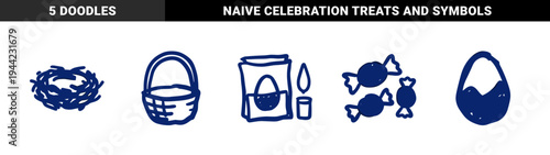 Hand-drawn Easter holiday elements in a naive blue marker doodle style. Rustic, organic sketch illustrations featuring nest, basket, treats, and egg concepts.