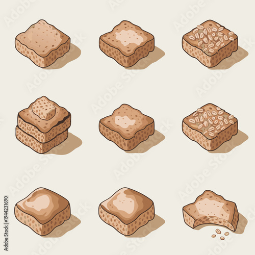 Isometric bread slices, toasted bread, breakfast toast, whole wheat, snack, food, baked food