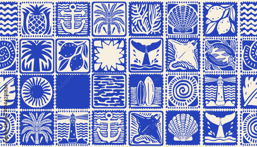 Fototapeta premium Summer coastal seamless pattern, hand drawn ocean tile texture, tropical travel repeat background. Blue marine vintage wallpaper vacation square mosaic print. Abstract exotic summer textile pattern