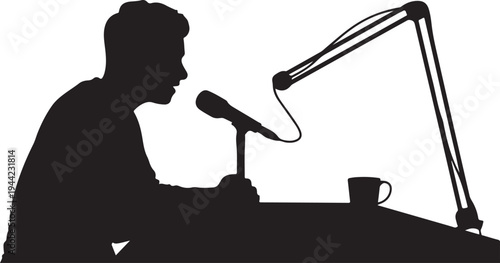 Silhouette of man talking into microphone with coffee cup