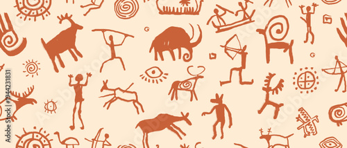 Cave prehistoric art seamless pattern, old naive ancient stone doodle hand drawn painting texture. Old civilization culture symbol background, animal, hunter man silhouette. Primitive cave pattern