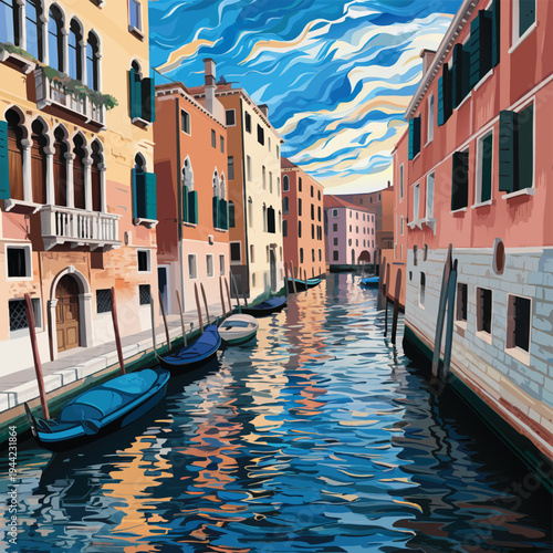 Venice canal scene illustration, historic italian city, gondolas, architecture, travel