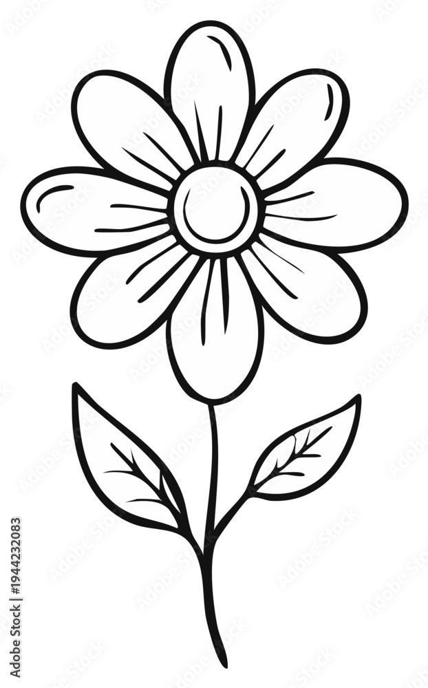 Obraz premium Simple Line Drawing of a Daisy Flower with Stem and Leaves