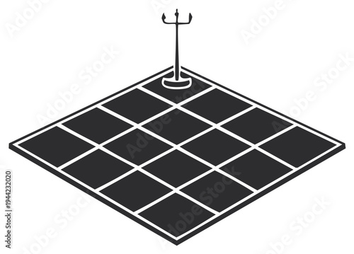 Minimalistic design featuring a traditional Trishula symbol on an isometric checkered grid