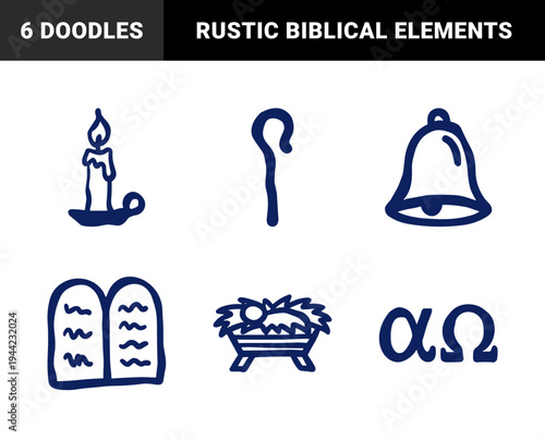 Christian religious symbols in a rustic navy blue doodle style. Naive hand-drawn illustrations featuring a nativity manger, alpha omega, and ten commandments.