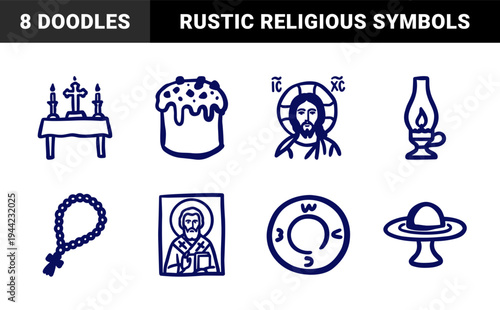 Orthodox Christian Easter and Byzantine liturgical elements in a rustic hand-drawn marker style. Naive doodle illustrations of religious icons and traditions.