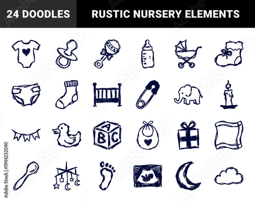 Hand-drawn baby shower and newborn elements in a navy blue ink doodle style. Rustic naive marker sketch illustrations for nursery branding and scrapbooking.