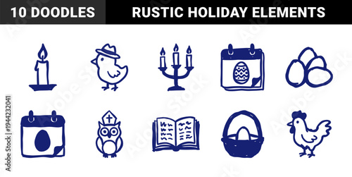 Hand-drawn Easter holiday and religious celebration elements in a naive blue marker doodle style. Rustic, crude sketch illustrations featuring spring and church concepts.