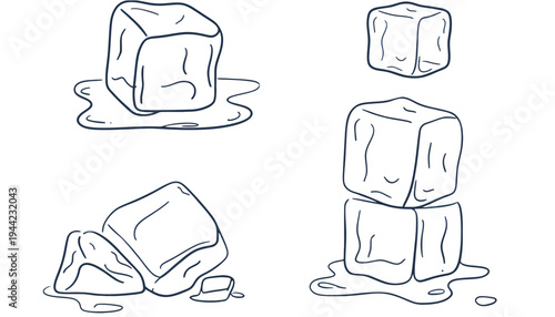 Ice cube vector illustration set with melting ice blocks
