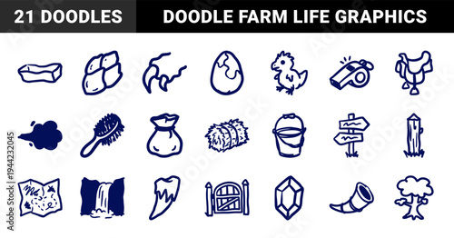 Rustic hand-drawn farm and ranch adventure elements for organic branding. Naive marker sketch illustrations featuring equestrian and outdoor exploration concepts.