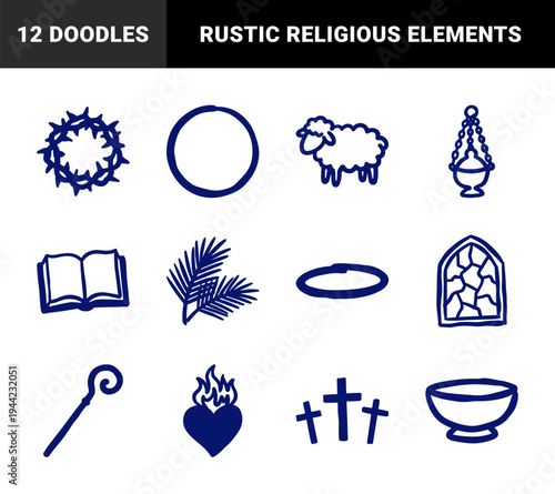 Hand-drawn Christian religious symbols for spiritual branding. Rustic naive marker sketch illustrations featuring faith and church ministry concepts.
