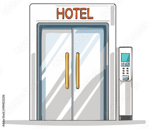 Cartoon illustration of a modern hotel entrance with automatic glass doors and entry system