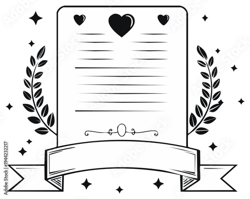 Blank Certificate With Laurel Wreath, Hearts and Stars Decorative Elements