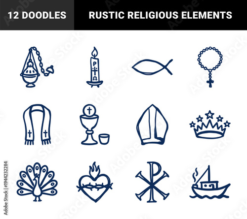 Christian religious symbols in naive hand-drawn doodle style. Rustic blue marker sketch featuring rosary, chalice, and ecclesiastical motifs.