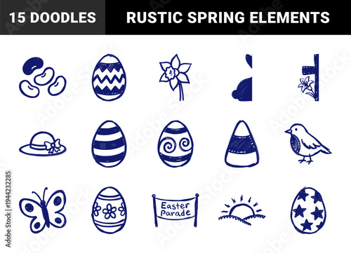 Hand-drawn Easter and spring celebration elements in a naive blue marker sketch style. Rustic, clumsy doodle illustrations for seasonal holiday branding.