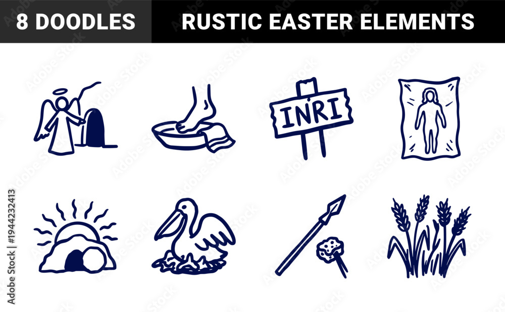 Obraz premium Christian Holy Week and Easter religious symbols for church branding. Rustic naive marker sketch illustrations featuring Passion of Christ and Resurrection concepts.