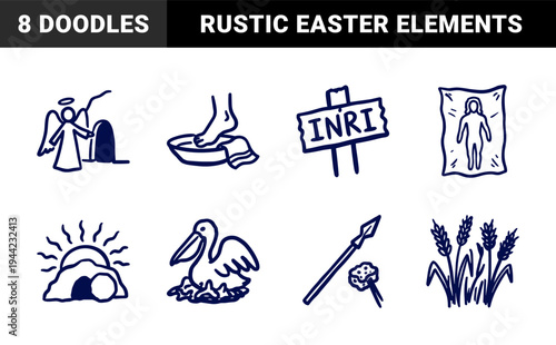 Christian Holy Week and Easter religious symbols for church branding. Rustic naive marker sketch illustrations featuring Passion of Christ and Resurrection concepts.