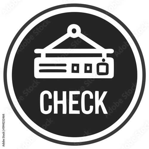Check in sign with a stylized hotel registration desk icon inside a circle