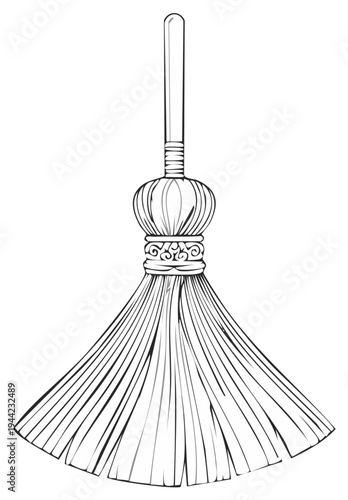 Black and white line art of a vintage besom or magic witch broomstick illustration