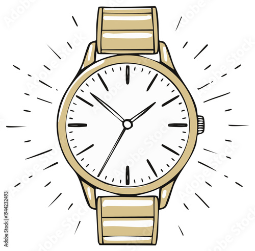Illustration of a gold wristwatch, hand drawn gold watch, accurate time, analog timer, wristwatch drawing, hand drawn timer, watch with rays
